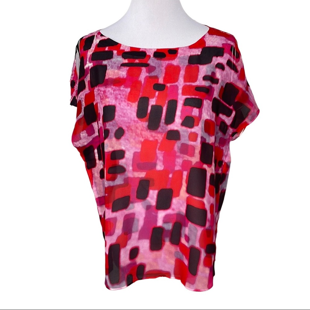 Vintage Highway Red Pink Black Abstract Lightweight Short Sleeve Blouse